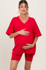 Red Oversized V-Neck Biker Short Maternity Set