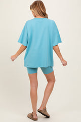 Light Blue Oversized V-Neck Biker Short Maternity Set