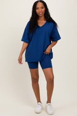 Light Navy Oversized V-Neck Biker Short Maternity Set