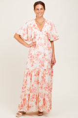 Pink Floral Satin Short Sleeve Deep V-Neck Tiered Maxi Dress