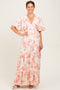 Pink Floral Satin Short Sleeve Deep V-Neck Tiered Maxi Dress