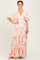 Pink Floral Satin Short Sleeve Deep V-Neck Tiered Maxi Dress