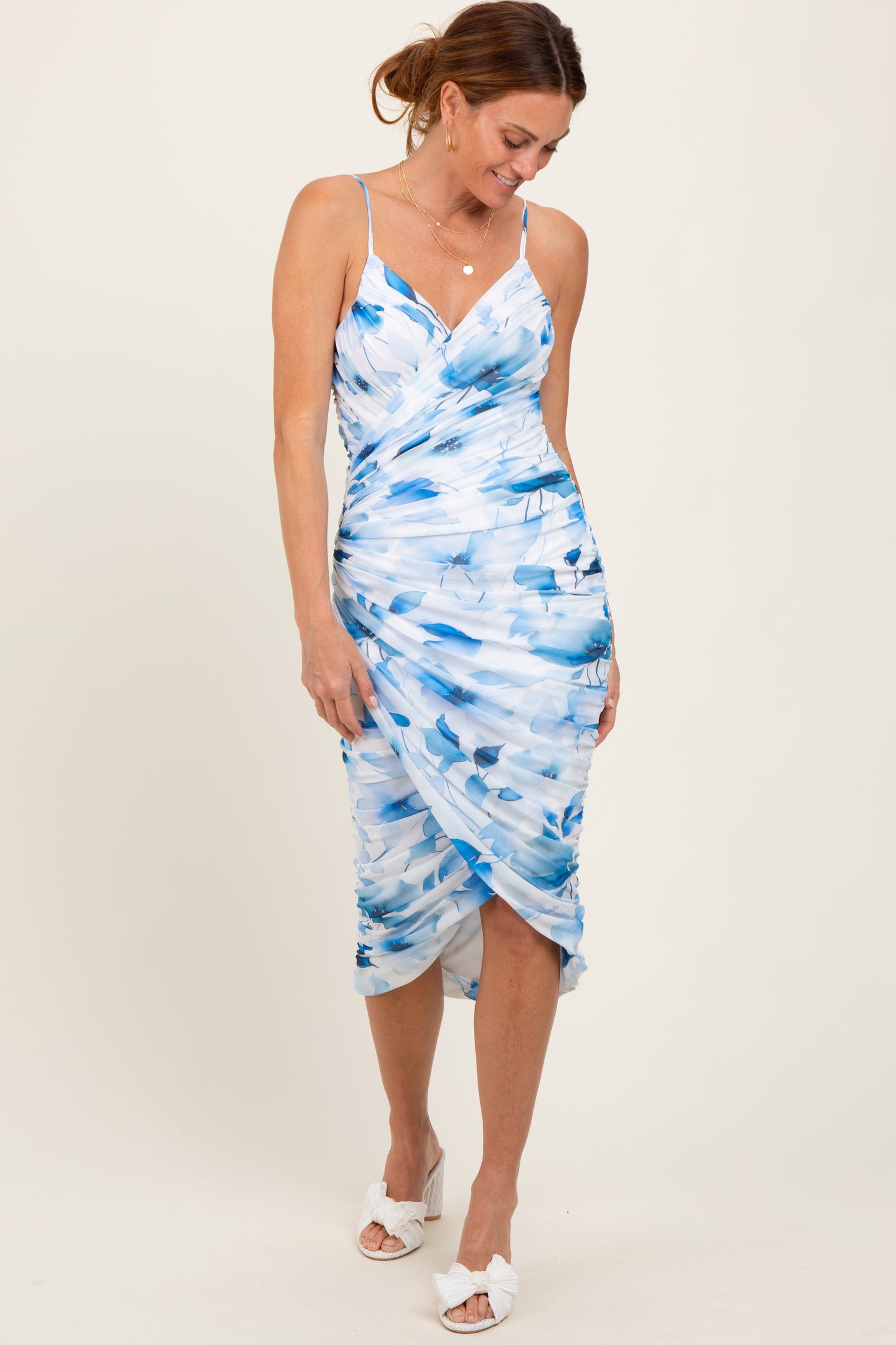 Blue Floral Ruched Tulip Hem Midi Dress