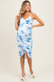 Blue Floral Ruched Tulip Hem Maternity Midi Dress