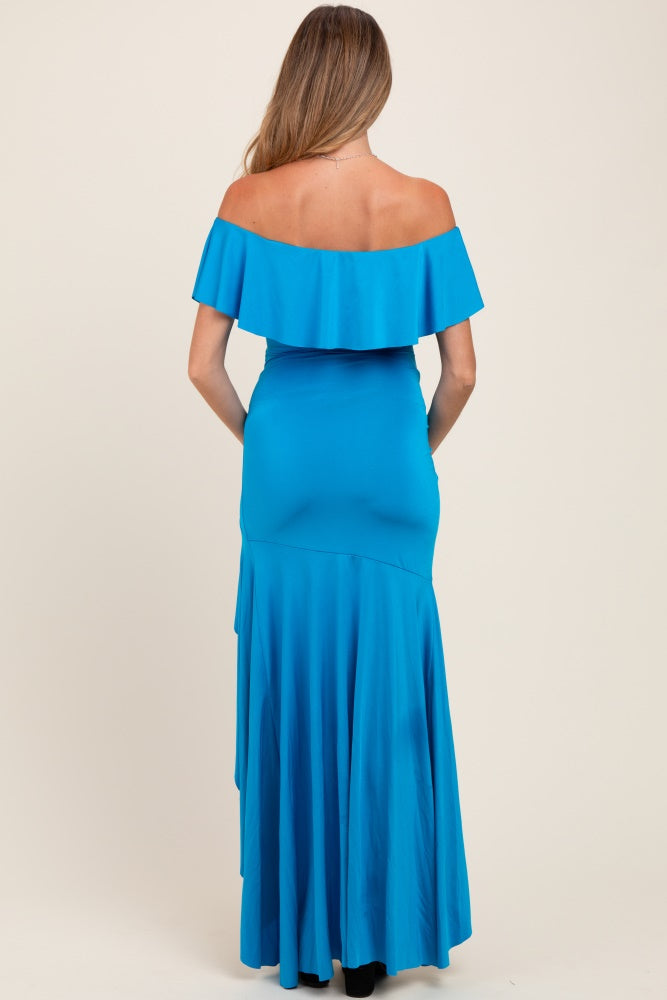 Blue Off Shoulder Ruffle Hi-Low Maternity Maxi Dress