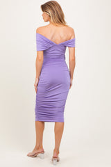 Lavender Knotted Off Shoulder Ruched Maternity Midi Dress