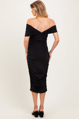 Black Knotted Off Shoulder Ruched Maternity Midi Dress