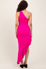 woman wearing a hot pink one-shoulder dress with ruched detailing and asymmetrical ruffle hemline