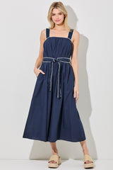 Navy Waist Strap Maternity Midi Dress