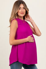 Magenta Ruffle Mock Neck Maternity Sleeveless Blouse