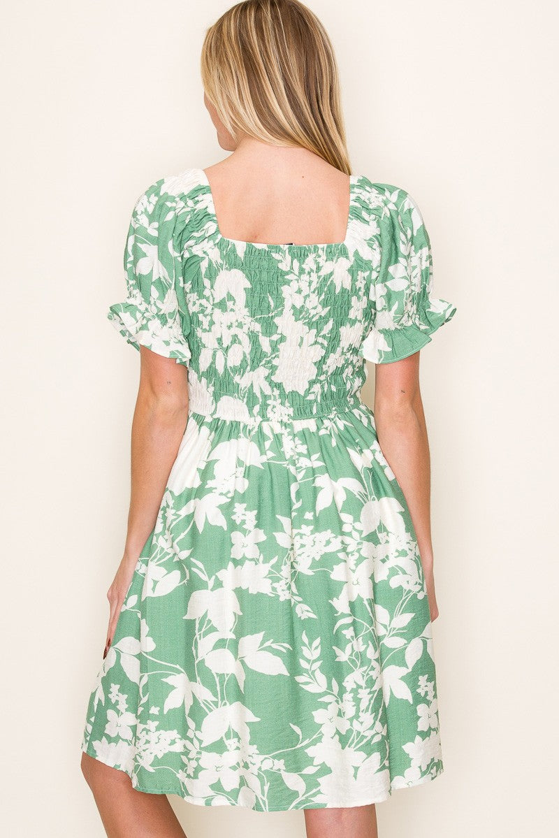 woman wearing a green floral print dress with a square neckline and puff sleeves, showing the back view