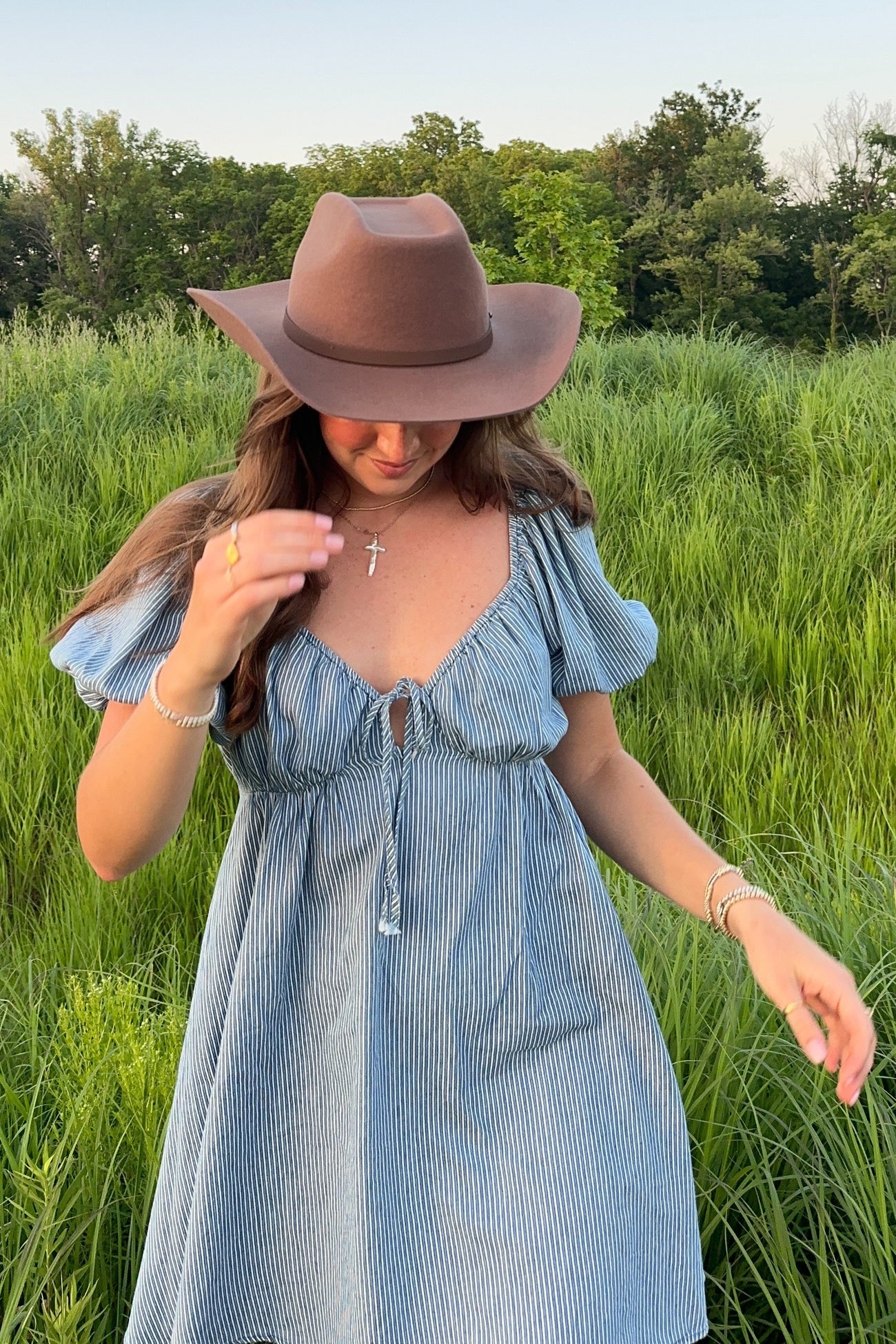 woman wearing a blue and white striped puff sleeve dress and a brown wide-brimmed hat in a grassy field