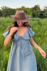 woman wearing a blue and white striped puff sleeve dress and a brown wide-brimmed hat in a grassy field