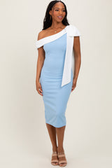 Blue Colorblock One Shoulder Draped Midi Dress
