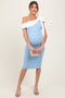 Blue Colorblock One Shoulder Draped Maternity Midi Dress