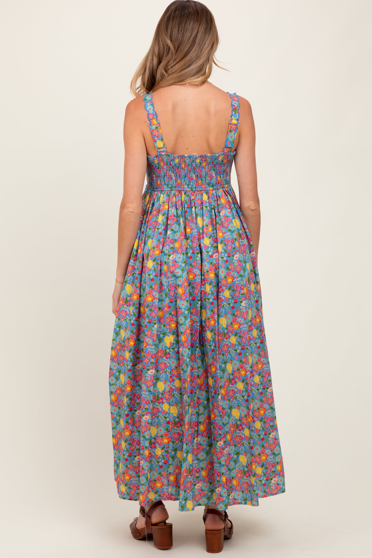 Blue Floral Scallop Detail Sleeveless Maternity Maxi Dress