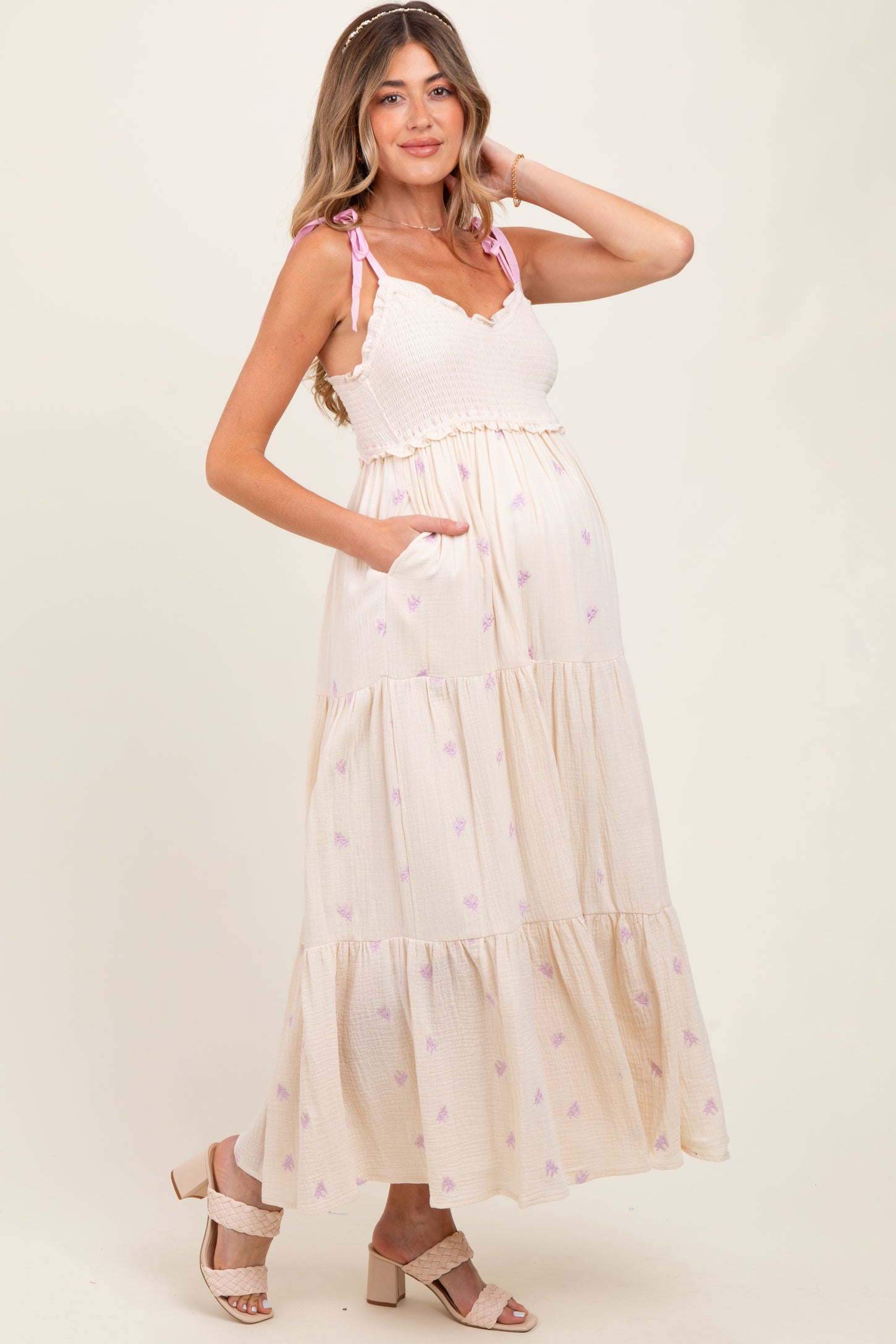Cream Embroidered Smocked Shoulder Tie Maternity Maxi Dress