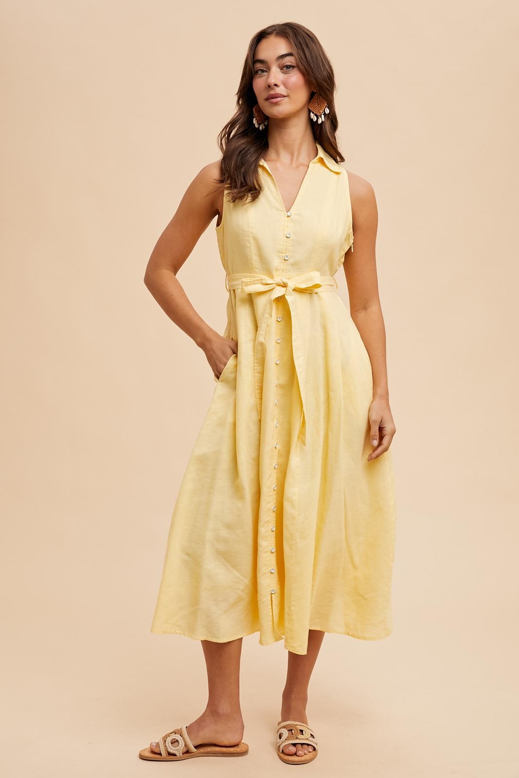 Yellow Sleeveless Linen Blend Maternity Midi Shirt Dress