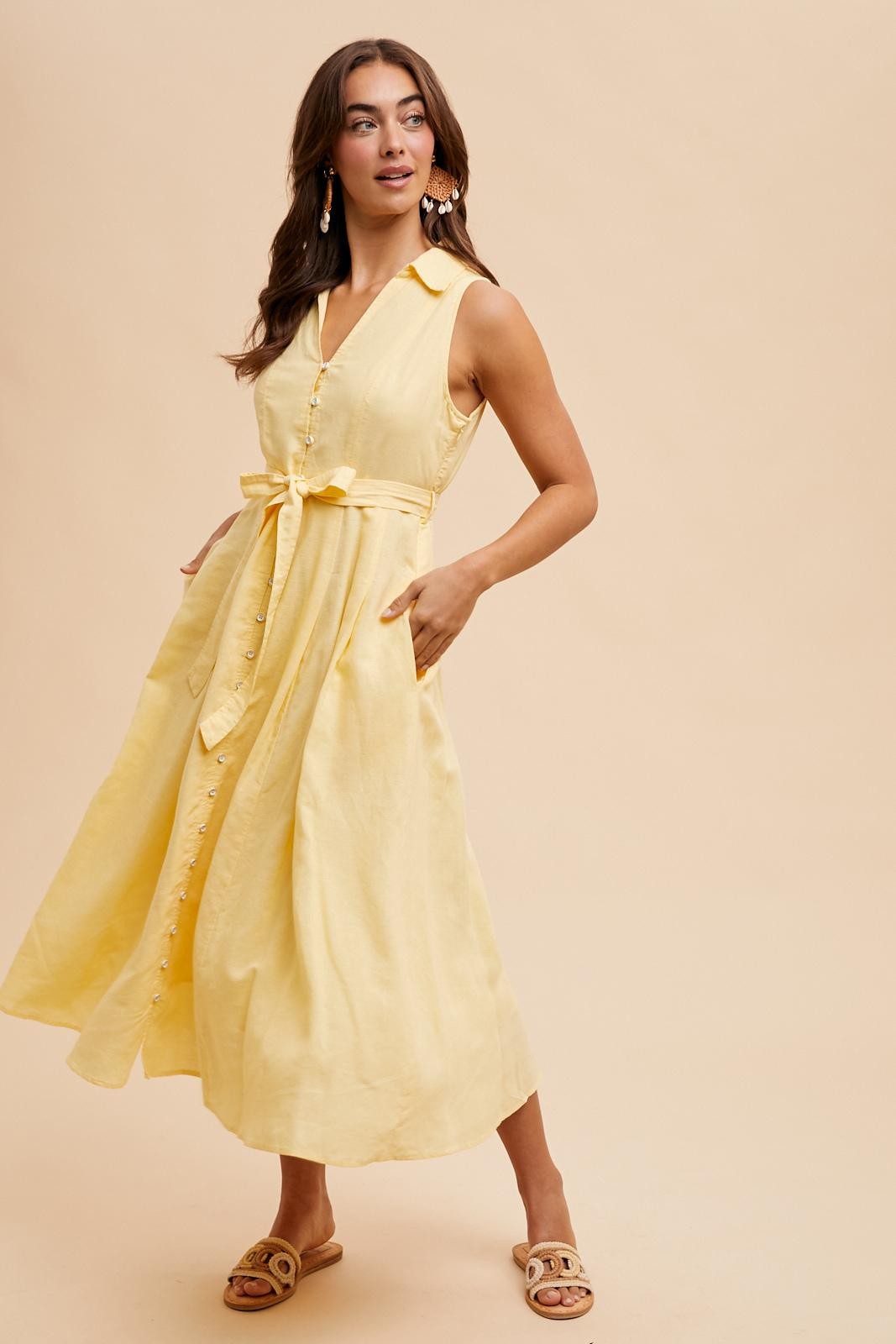 Yellow Sleeveless Linen Blend Midi Shirt Dress