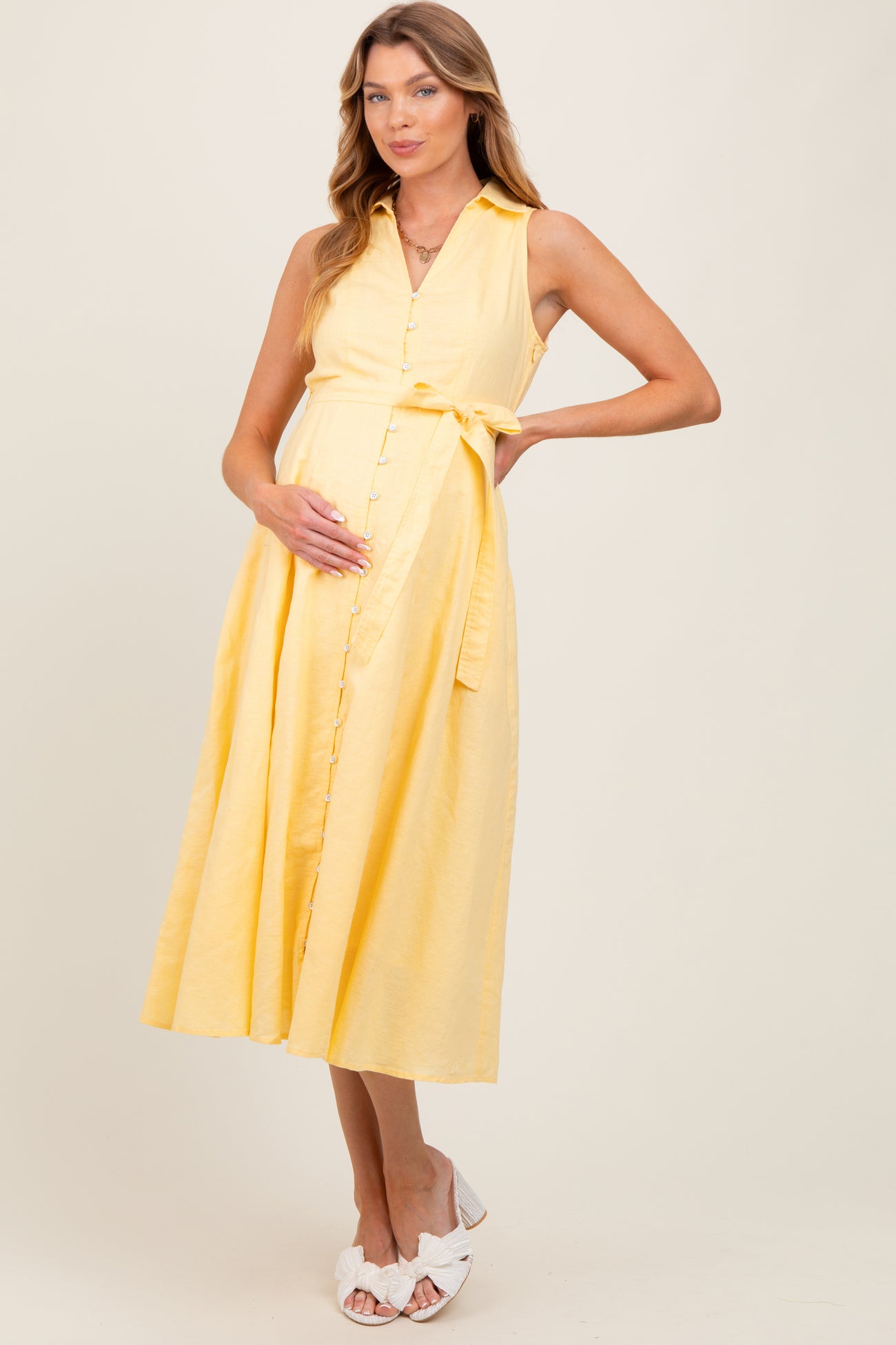 Yellow Sleeveless Linen Blend Maternity Midi Shirt Dress