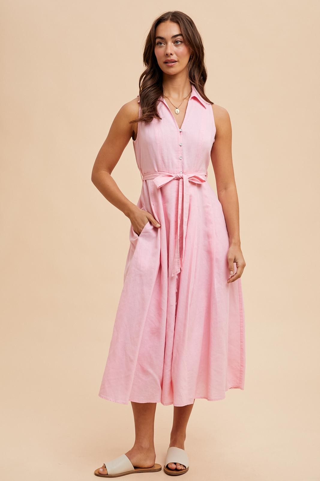 Light Pink Sleeveless Linen Blend Maternity Midi Shirt Dress