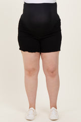 Black Cut Fringe Hem Maternity Plus Jean Shorts