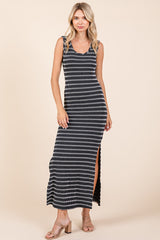 Black Striped Ribbed Sleeveless Side Slit Maternity Maxi Dress