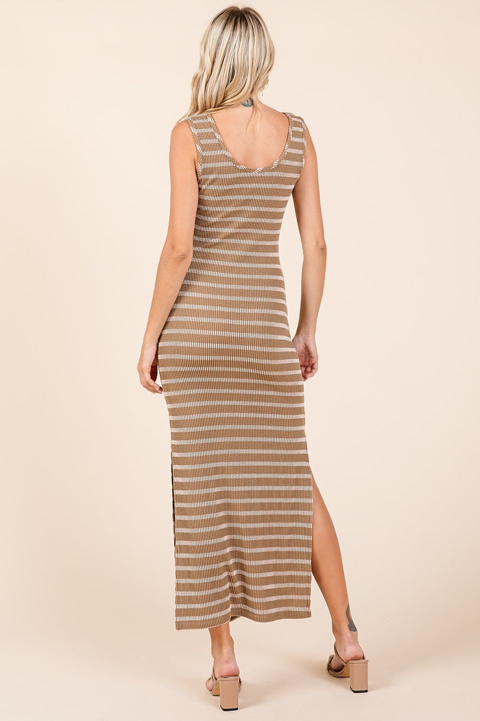Camel Striped Ribbed Sleeveless Side Slit Maxi Dress