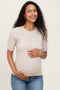 Cream Ribbed Mock Neck Knit Maternity Short Sleeve Top
