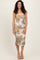 Light Olive Abstract Print Lace Up Back Ruched Midi Dress