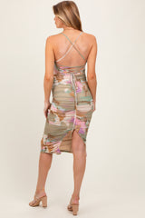 Light Olive Abstract Print Lace Up Back Ruched Maternity Midi Dress
