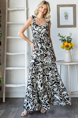 Black Floral Shoulder Tie Tiered Maxi Dress