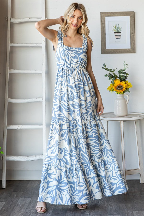 Blue Floral Shoulder Tie Tiered Maxi Dress