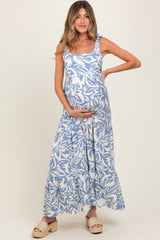 Blue Floral Shoulder Tie Tiered Maternity Maxi Dress