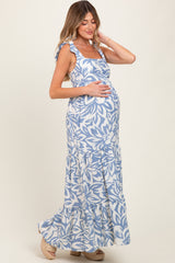 Blue Floral Shoulder Tie Tiered Maternity Maxi Dress