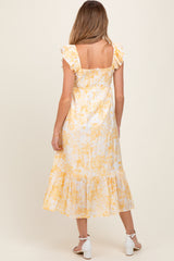 Yellow Floral Ruffle Strap Pleated Bodice Maternity Midi Dress