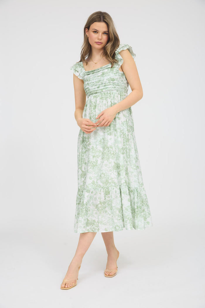 Light Olive Floral Ruffle Strap Pleated Bodice Maternity Midi Dress