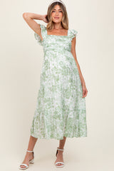 Light Olive Floral Ruffle Strap Pleated Bodice Maternity Midi Dress