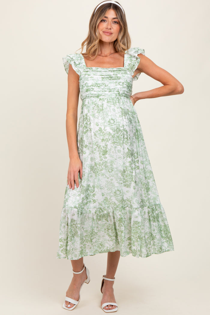 Light Olive Floral Ruffle Strap Pleated Bodice Maternity Midi Dress