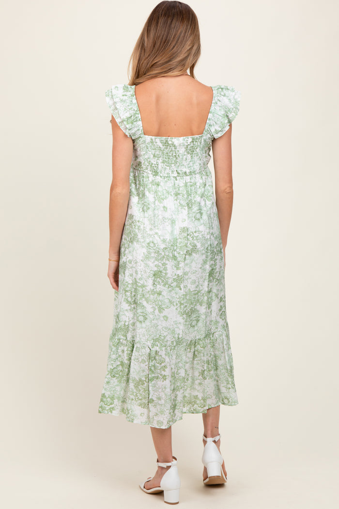 Light Olive Floral Ruffle Strap Pleated Bodice Maternity Midi Dress