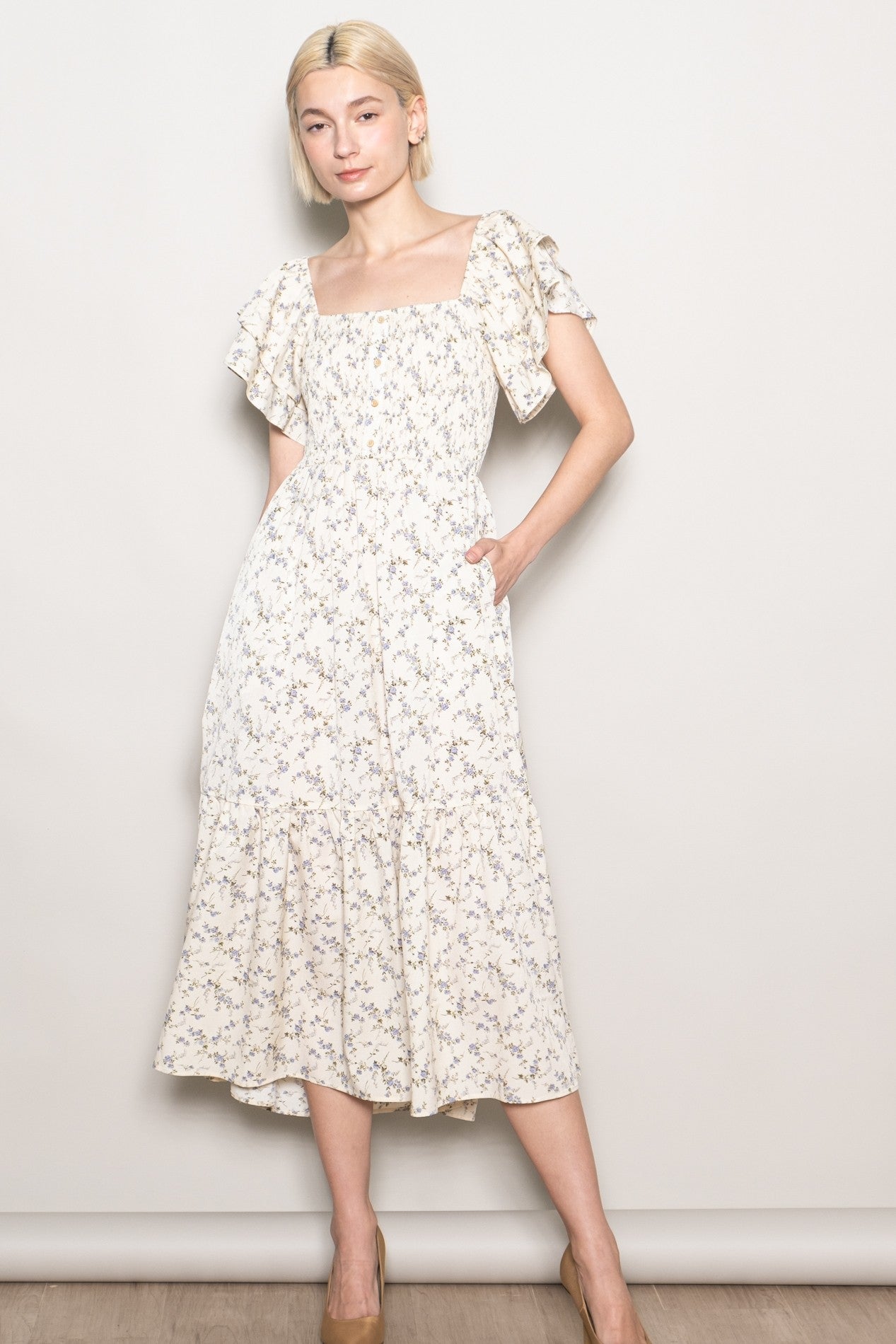 Ivory Floral Smocked Flutter Sleeve Midi Dress