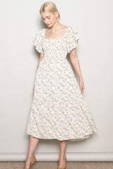 Ivory Floral Smocked Flutter Sleeve Midi Dress