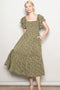Olive Floral Smocked Flutter Sleeve Midi Dress