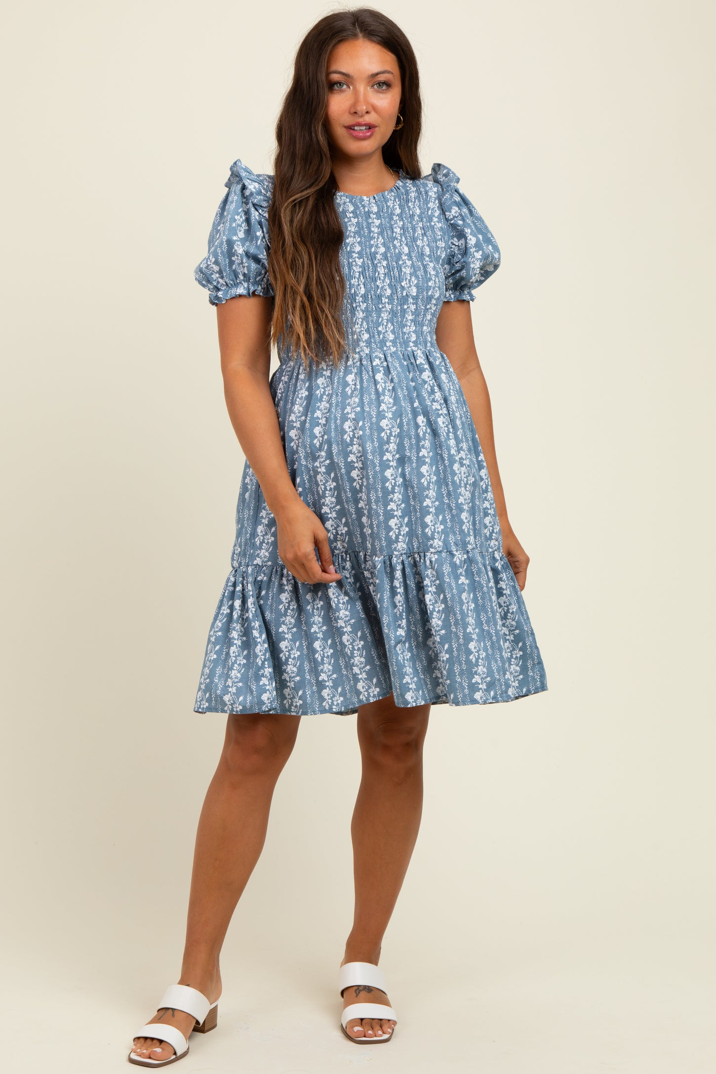 Blue Floral Smocked Ruffle Accent Maternity Dress