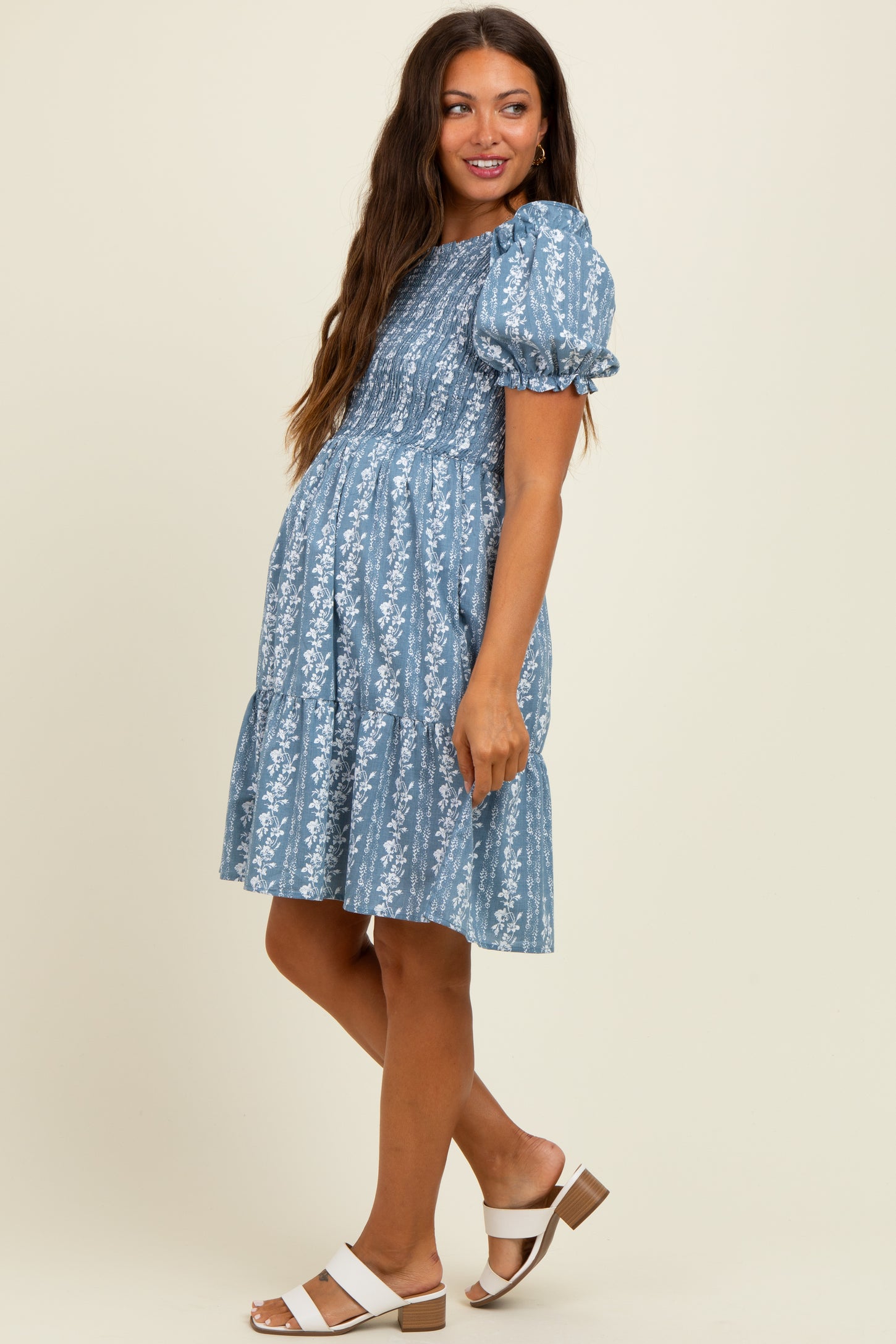 Blue Floral Smocked Ruffle Accent Maternity Dress