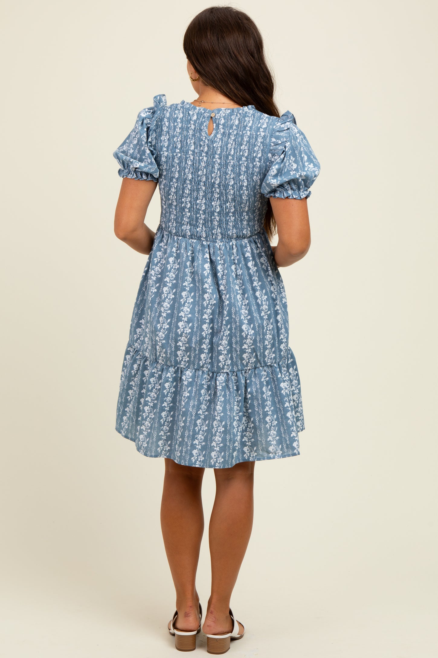 Blue Floral Smocked Ruffle Accent Maternity Dress