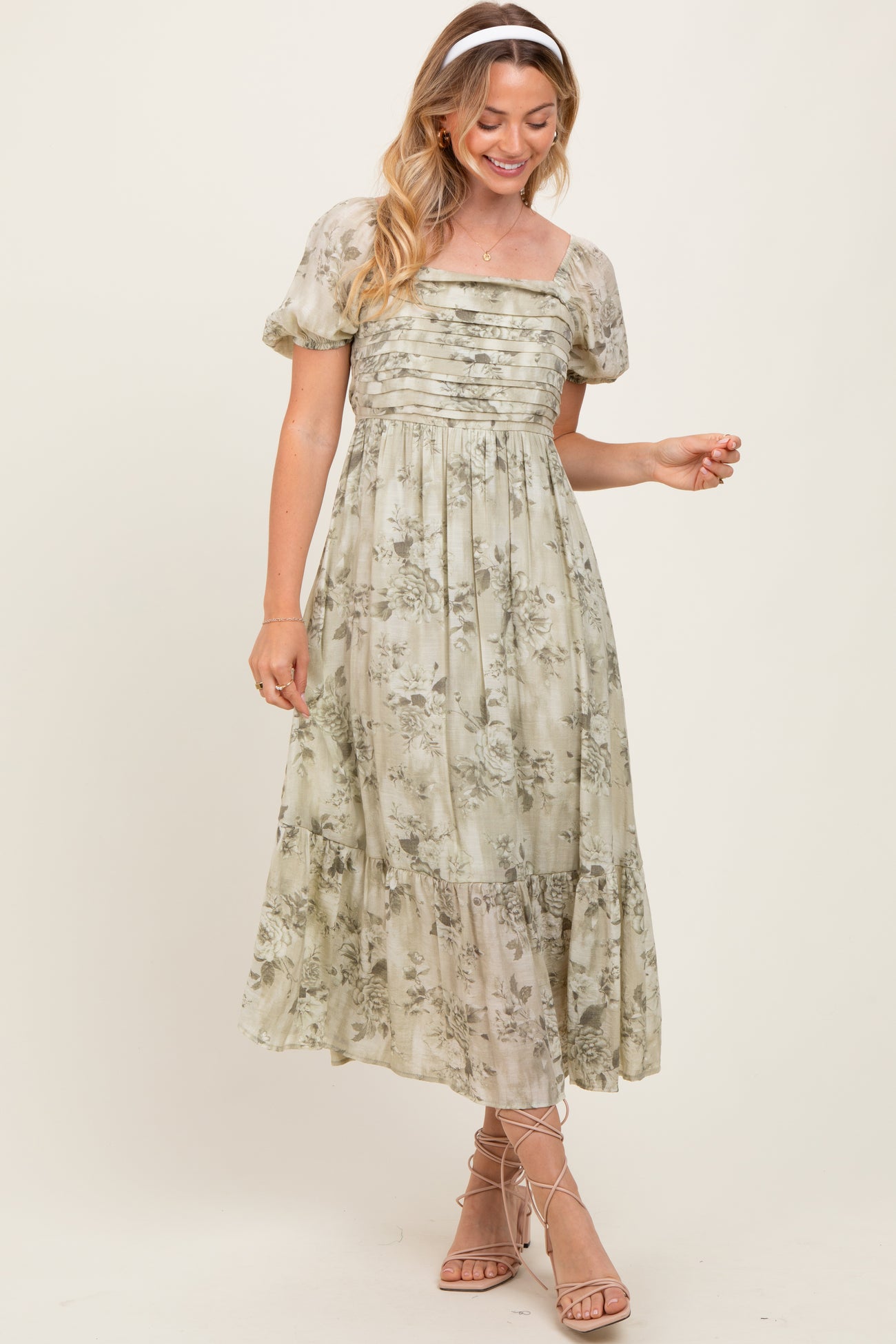 Olive Floral Pleated Bust Puff Sleeve Midi Dress