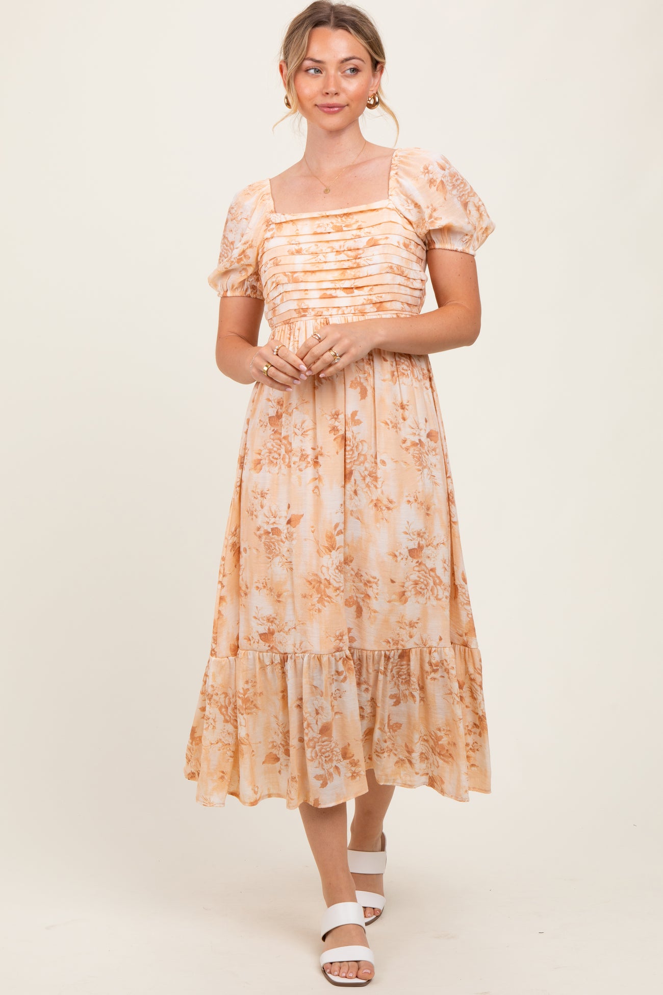 Peach Floral Pleated Bust Puff Sleeve Midi Dress