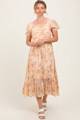 Peach Floral Pleated Bust Puff Sleeve Midi Dress