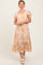 Peach Floral Pleated Bust Puff Sleeve Midi Dress